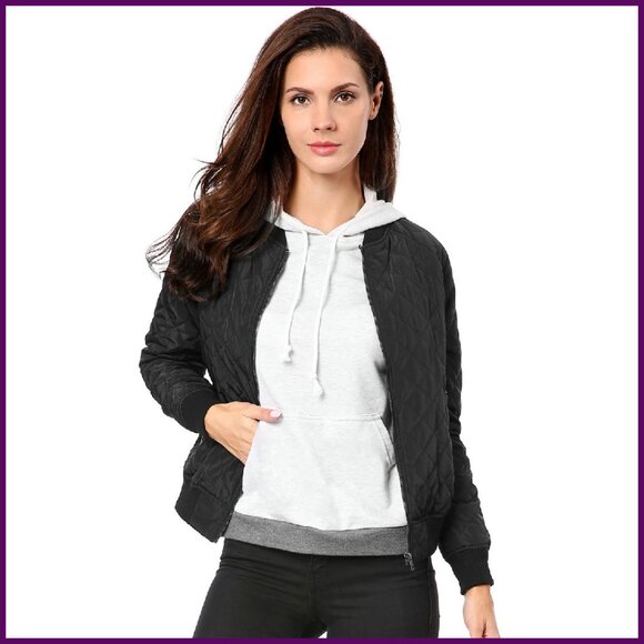 Quilted Zip Up Bomber Jacket Long Sleeve Fully Lined